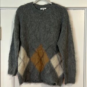 Madewell Gray and Tan Crew Neck Sweater with Argyle Design
